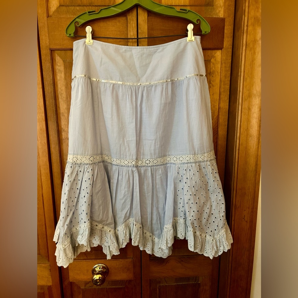 Embroidered Light Blue Maxi Skirt with Eyelet Trim - Picture 6 of 11